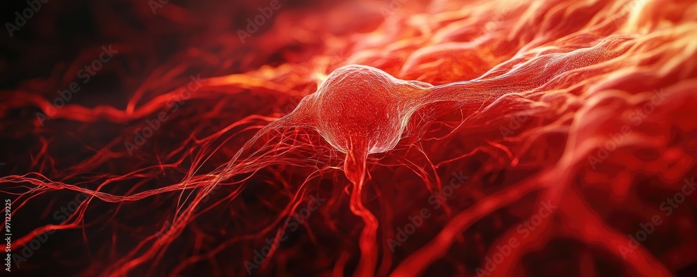 Poster close-up view of a neuron surrounded by vibrant red filaments, showcasing the intricate structure of