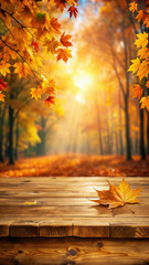 Thanksgiving Day with platform wooden and autumn maple leaves falling for show products promotion