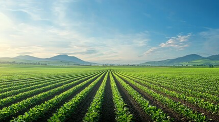 A serene landscape featuring lush green fields and distant mountains under a clear blue sky, ideal for nature and agriculture themes.
