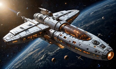 Fototapeta premium Futuristic Spacecraft Orbiting Earth in Galaxy