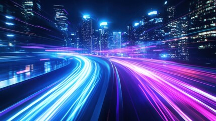 Fototapeta premium High-speed light trails on a city background with futuristic neon colors, a night view of tall skyscraper buildings and a highway road in a modern urban business district.