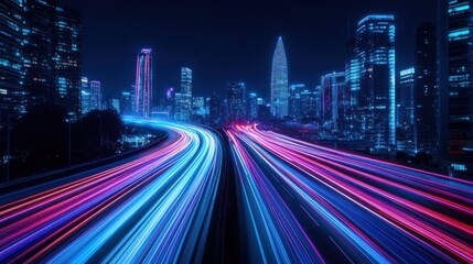 Fototapeta premium High-speed light trails on a city background with futuristic neon colors, a night view of tall skyscraper buildings and a highway road in a modern urban business district.