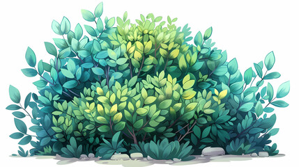 Obraz premium Cute green bush from the forest cartoon, isolated nature object for kids design. Branches and leaves of a fluffy bush isolated on a white background. Vector hand drawn illustration in paper cute style