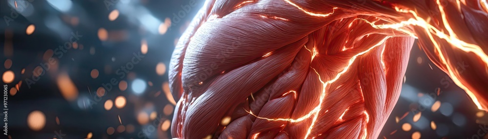 Poster close-up of a muscular arm with enhanced lighting, showcasing strength and power in a dynamic and ar
