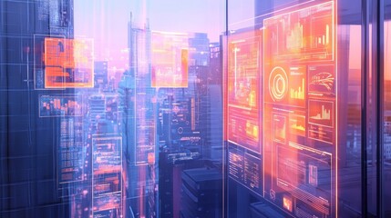 Obraz premium Futuristic cityscape with digital interfaces displaying data and analytics.