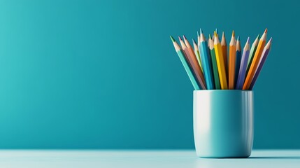 Vibrant arrangement of colored pencils in a modern cup, perfect for creative projects or artistic inspiration.
