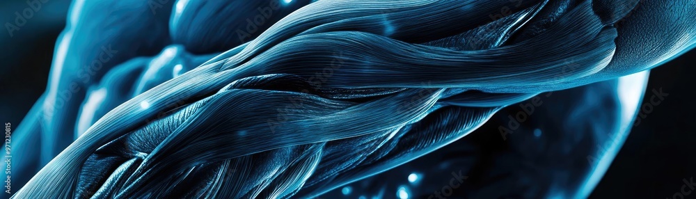 Poster a close-up view of human muscle fibers showcasing their intricate structure and dynamic movement in 