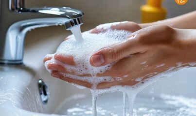 Fototapeta premium A person washing hands with soap under running water at a sink.