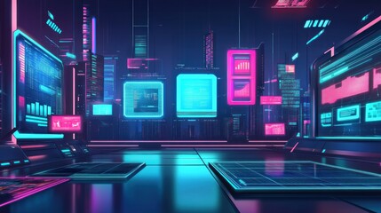 Obraz premium Futuristic digital environment with vibrant screens displaying data and graphs.