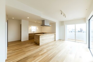 Modern Minimalist Kitchen Design with Wooden Countertop and Floor
