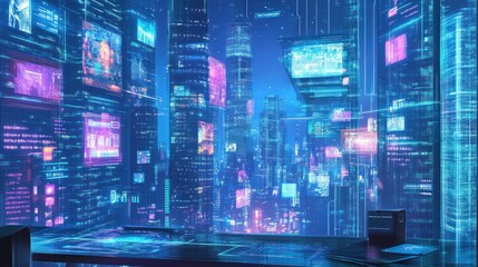 Fototapeta premium Futuristic cityscape with neon lights and digital displays.