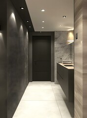 Modern Interior Design of a Bathroom with Grey Walls and a Black Door