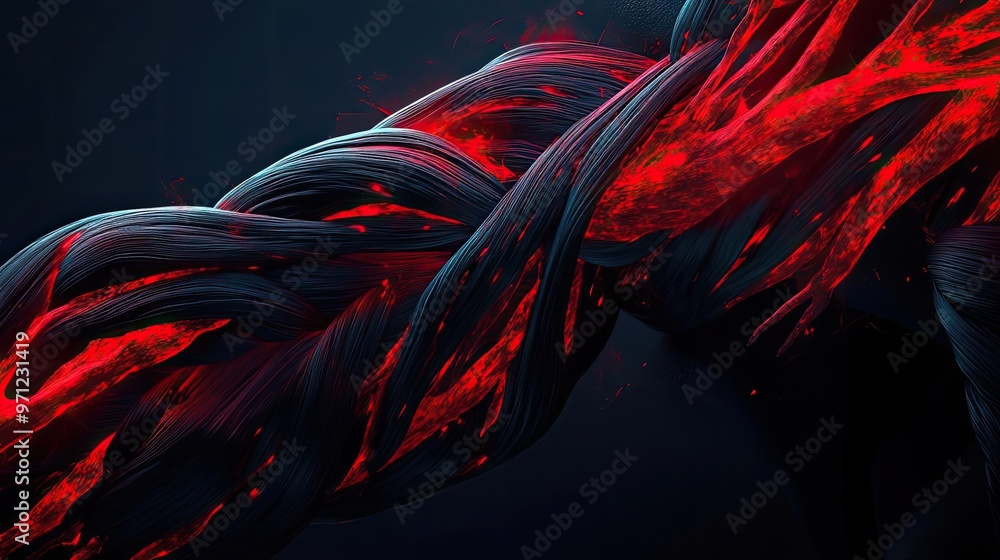 Poster a dynamic red abstract design featuring flowing strands, evoking movement and emotion in a vibrant, 