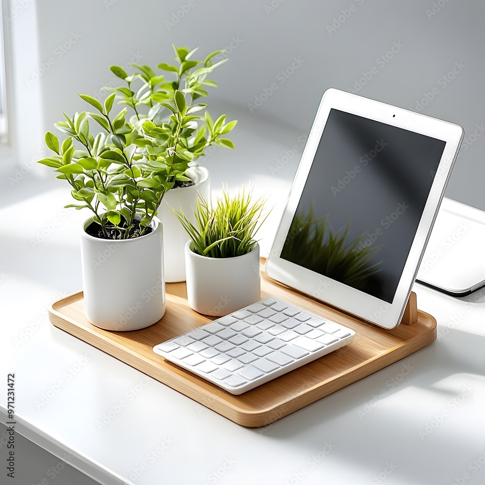 Aufkleber minimalist workspace with tablet and keyboard.