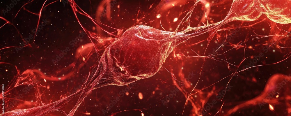 Poster abstract representation of red neurons illustrating connectivity and activity within a biological sy