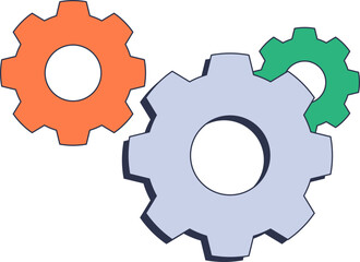 Three interlocking gears in orange, gray, and green, symbolizing teamwork and mechanics.