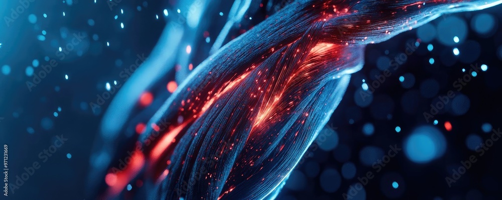 Poster abstract image showcasing glowing red fibers intertwined with a blue background, representing energy