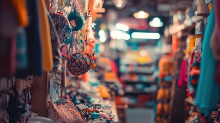 A softly blurred image capturing the colorful array of second-hand goods at a bustling local charity shop.