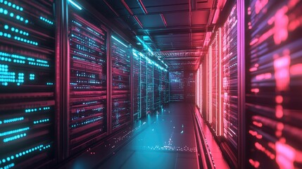 Obraz premium A long hallway of server racks with neon lights in a data center.