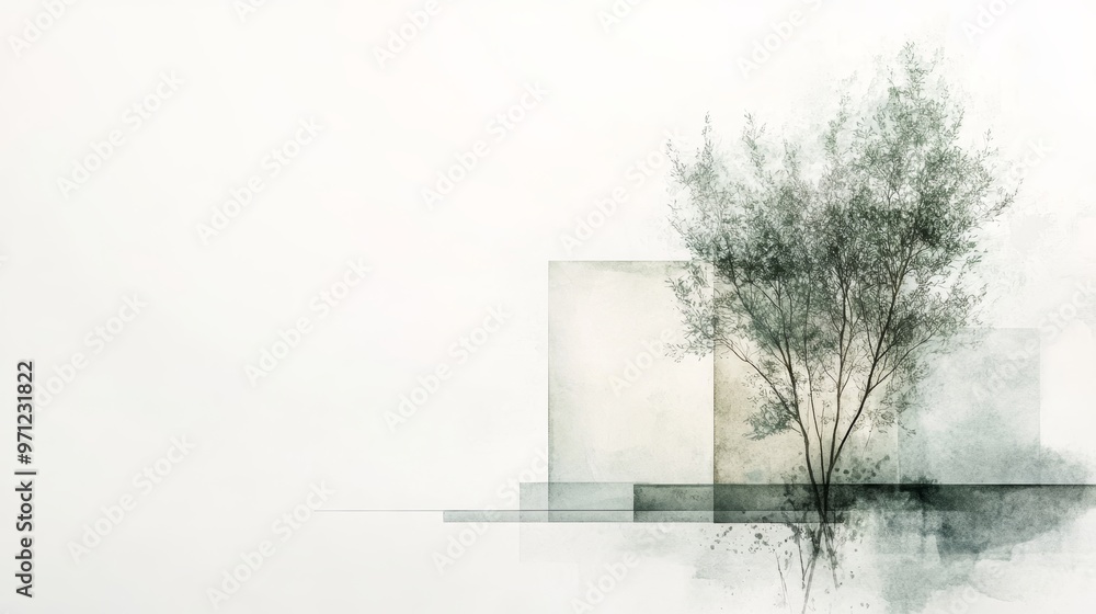 Poster a serene minimalist landscape featuring a tree and abstract shapes in soft tones, evoking tranquilit