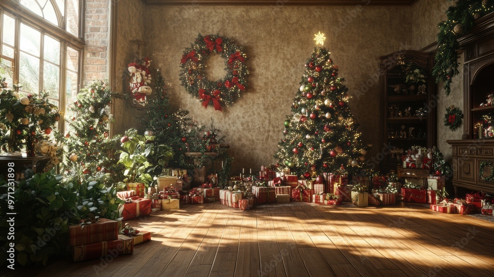 Canvas Prints A room filled with lots of presents and christmas trees