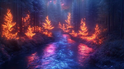 Fototapeta premium 26. A serene, surreal landscape of a peaceful river winding through a glowing, neon-lit forest