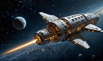 Obraz premium Futuristic Spacecraft Orbiting Earth in Galaxy