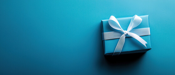 a blue gift box with a white ribbon on the right side, placed against a vibrant green background. Top view. 