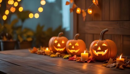 Carved jack-o'-lanterns with lit candles on a wooden table, surrounded by autumn leaves and string lights, creating a cozy and festive Halloween atmosphere.