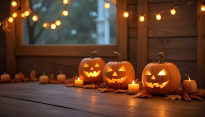 Carved jack-o'-lanterns with lit candles on a wooden table, surrounded by autumn leaves and string lights, creating a cozy and festive Halloween atmosphere.