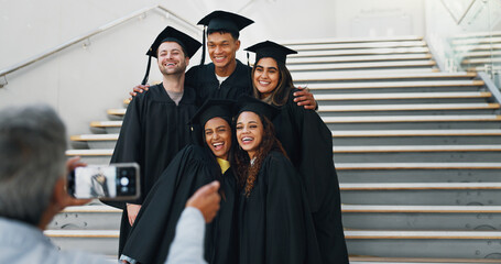 Students, graduation and happy on campus for photography, support and smile for achievement....