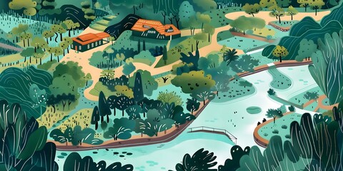 Fototapeta premium Green Landscape Illustration with Winding Path and Pond