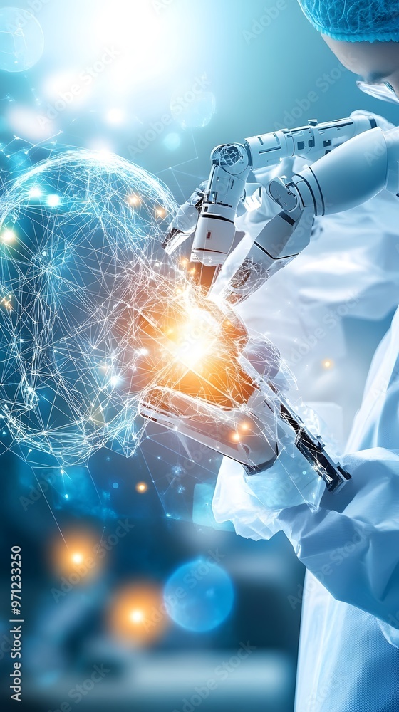 Poster robotic arm interacting with a digital globe.