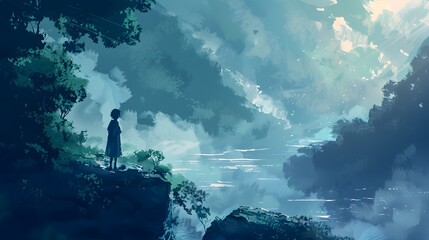 Fototapeta premium Girl Standing on Cliff Looking at the Clouds