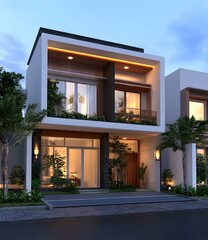 Modern Two Story House with Balcony and Landscaping