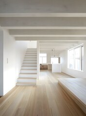 Modern Minimalist Interior Design with Wooden Beams and Stairs