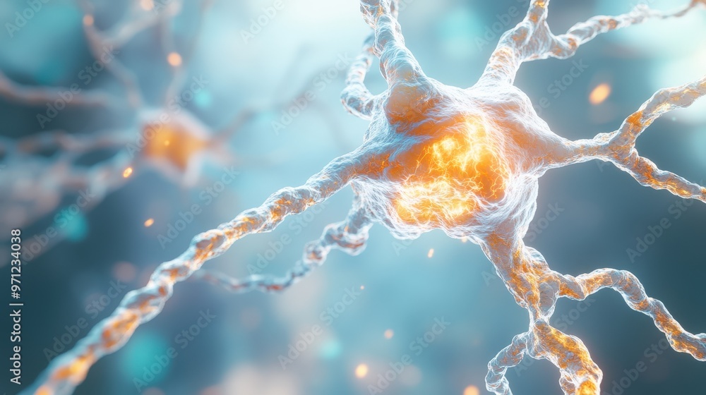 Aufkleber intricate 3d rendering of an isolated nerve cell structure with soma, axon, and dendrites on gradien