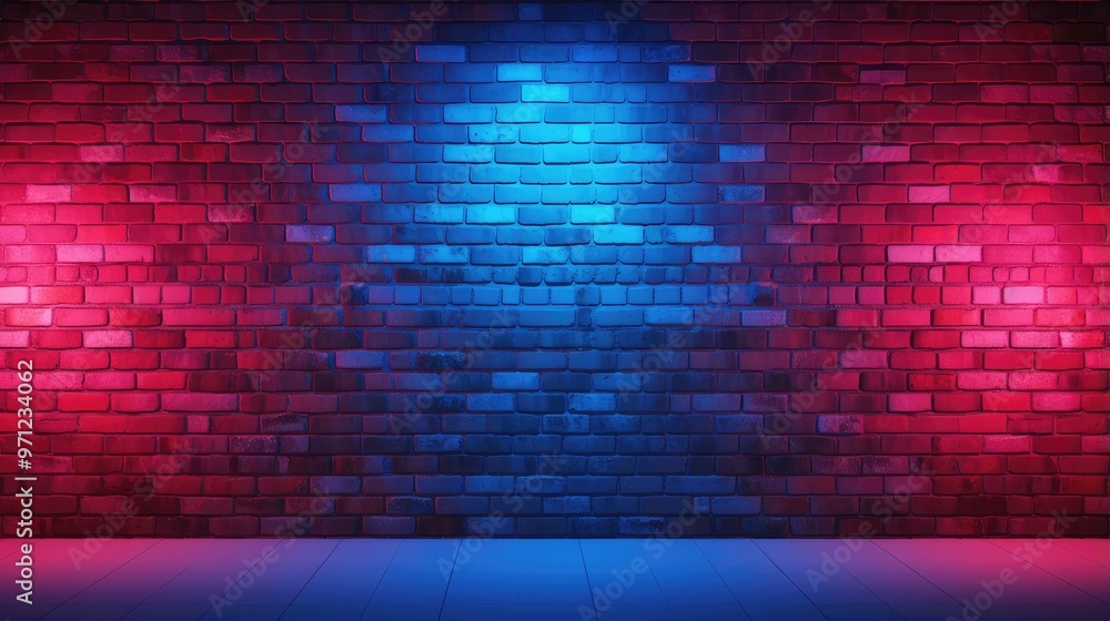Poster a vibrant brick wall illuminated with blue and red lights, creating a dynamic backdrop suitable for 