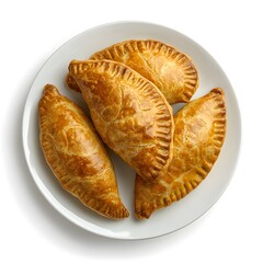 Golden baked empanadas on a white plate displaying a rustic culinary delight