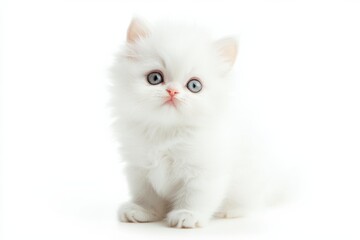Fototapeta premium Fluffy white Persian kitten sitting on white background, isolate,
