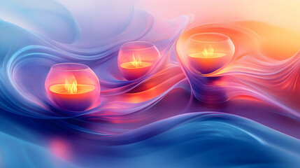 3D Abstract Digital Art of Glowing Diwali Lanterns & Intricate Patterns on White Background - Cultural Celebration Artwork