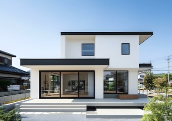 Modern White House with Black Trim and Large Windows