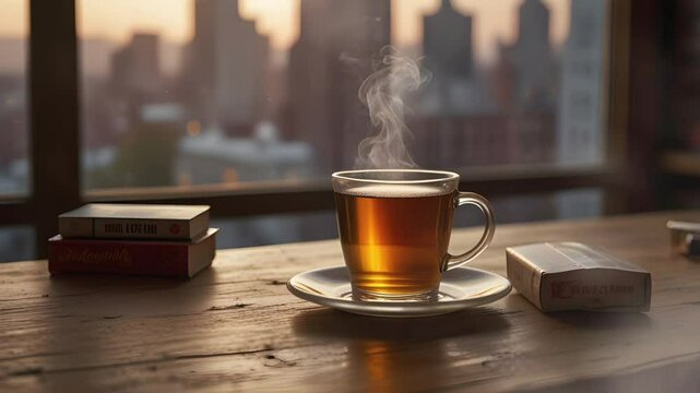 A glass of hot coffee, tea and cigarettes on the table. Seamless 4K looping timelapse video animation background