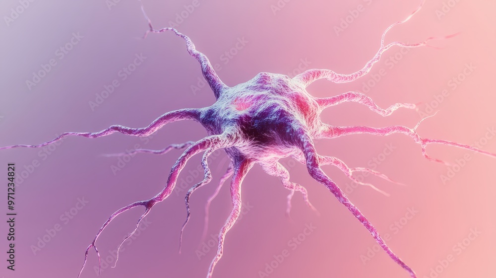 Poster detailed 3d rendering of isolated nerve cell with soma, axon, and dendrites on gradient background f
