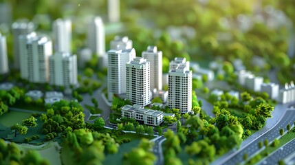 A beautifully rendered 3D miniature city with white high-rise buildings, winding streets, and verdant green trees, reflecting a harmonious urban landscape