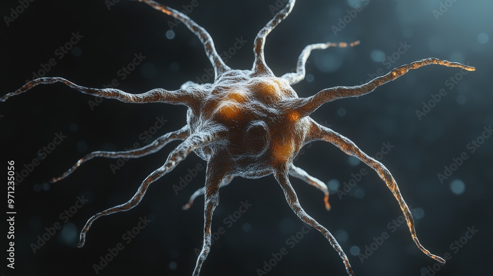 Poster detailed 3d rendering of isolated nerve cell with realistic shading and texture for science educatio