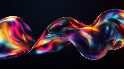 Curved flowing metallic ribbons with dynamic rainbow effects on dark backdrop