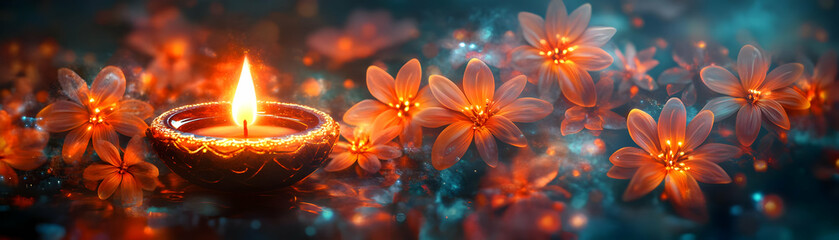 Vibrant Abstract Digital Art of Diwali Lamp Surrounded by Intricate Floral Patterns - Celebrate Cultural Richness and Festivity in Banners