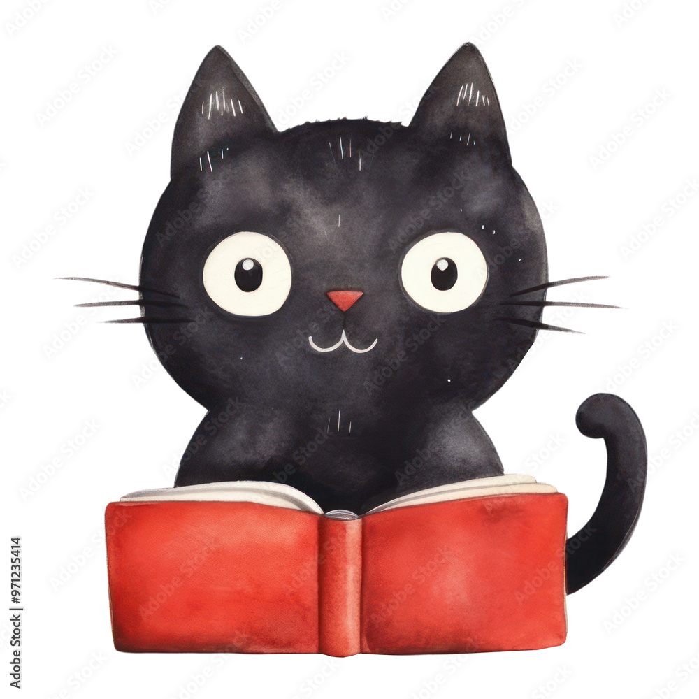 Sticker PNG Black cat read a book cartoon mammal animal.