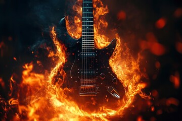 Electric guitar on fire background. Electric guitar on a dark background. Musical instrument with generative ai